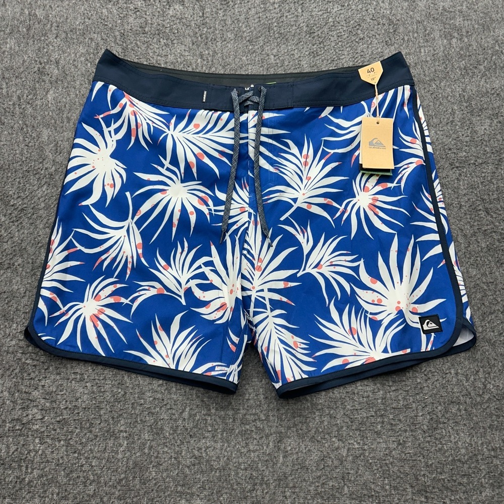 Quiksilver Board Shorts Mid Length 40 x‎ 19" Swim Mens Trunks Blue Leaves